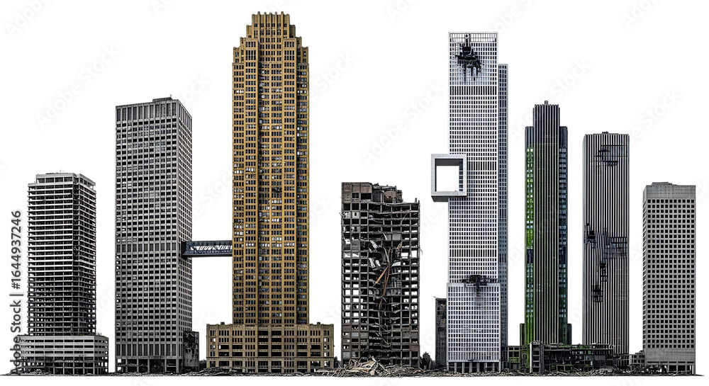 Fototapeta premium Collection of diverse skyscrapers some intact some damaged with a connecting bridge isolated on a transparent background