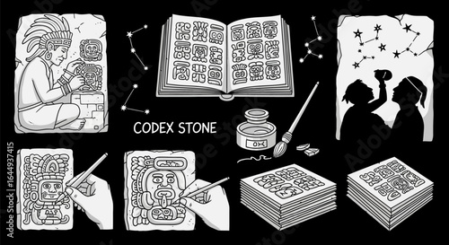 Mayan Codex Stone Carving Ancient Art Illustration.
