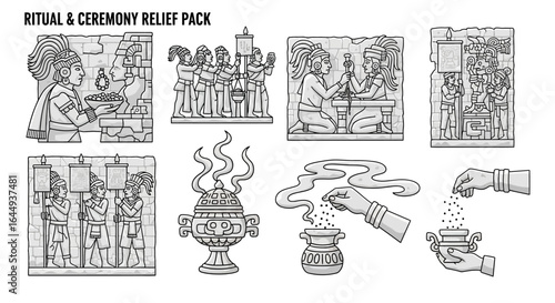 A vector set of illustrations depicting Mayan rituals and ceremonies.