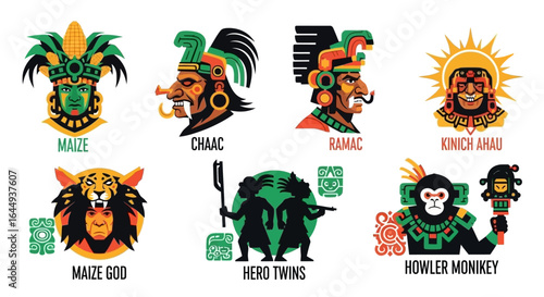 Mayan Gods Icons with Ancient Aztec Culture, and Flat Design.