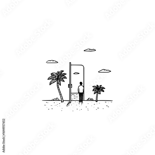 Minimalist beach scene with palm trees door and man contemplating the sea horizon in black and white art