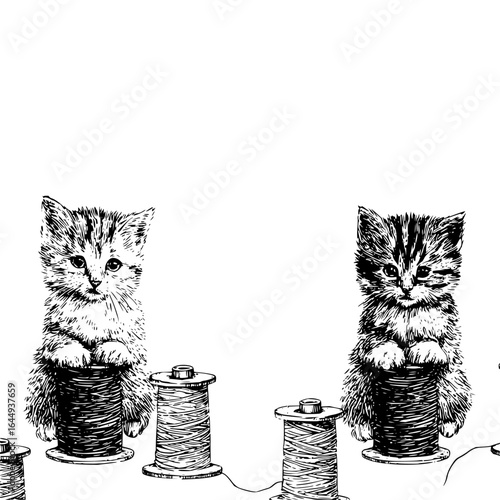 Kitten cat thread spool vintage illustration feline pet animal cute domestic black and white drawing vector art