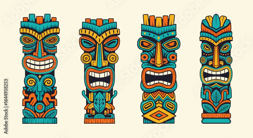 Tropical Tiki Totem Poles with Polynesian Tribal Art.