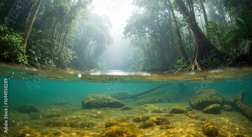 Tropical rainforest river split view