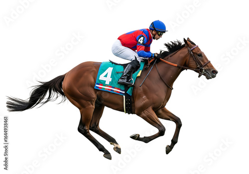 Jockey in red blue silks riding a brown horse with green saddle cloth number four isolated on a transparent background