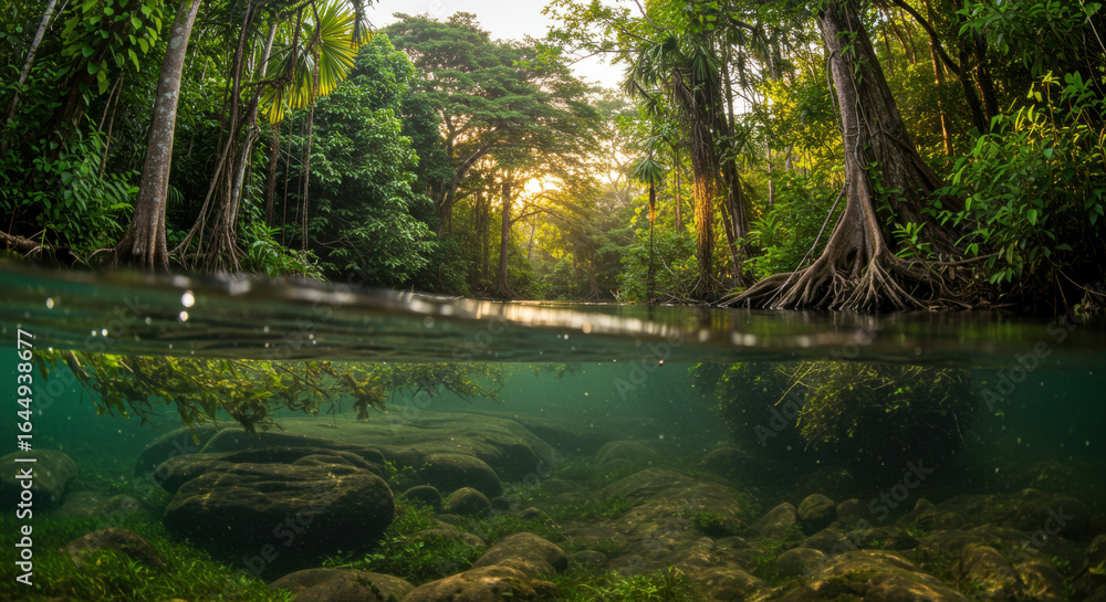 Obraz premium Tropical river forest sunrise