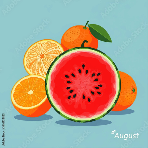 Freshly Cut Fruit: A vibrant illustration features a juicy watermelon slice alongside a medley of oranges. The refreshing composition evokes a sense of summer abundance and fruity pleasure.