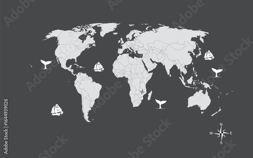 World map. Political map with countries names illustraterd on black grey  background