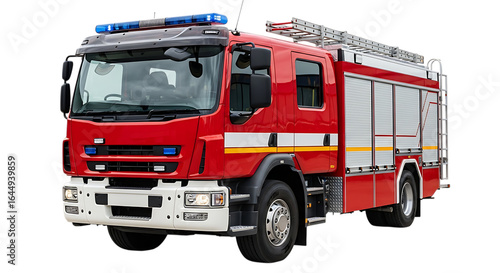 Red fire engine truck with blue flashing lights and ladders isolated on a transparent background fire truck