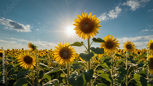 field of sunflowers, Wide field of tall sunflowers facing the sun, bright yellow petals, and clear blue sky above