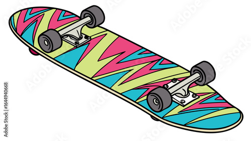 Skateboard graphic design with wheels and colorful deck for extreme sports equipment style vector art