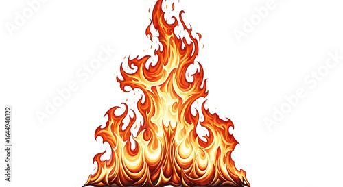 Stylized illustration of vibrant orange and yellow flames with white outlines isolated on a transparent background