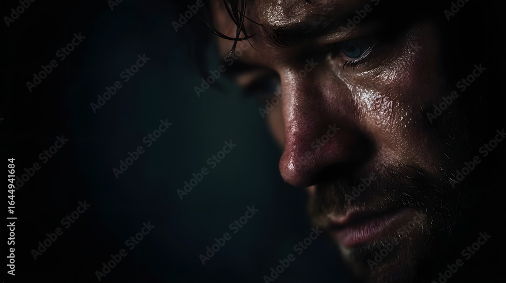 Obraz premium A man overcome with sorrow in the dark
