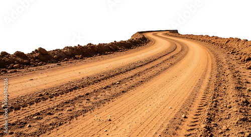 Winding dirt road with tire tracks and rough terrain isolated on a transparent background path