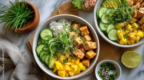 Overhead view of a vegan poke bowl with marinated tofu cubes, ripe mango chunks, cucumber ribbons and pickled vegetables arranged with vibrant edible flowers on a wooden board