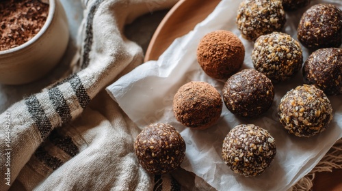 Overhead close-up of assorted chocolate energy balls and nut truffles coated in cocoa, seeds and coconut flakes arranged on crinkled parchment paper on a rustic tabletop