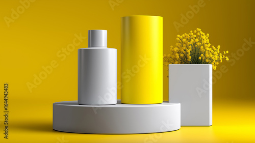 Contemporary Minimalist Arrangement Featuring Three Matte-Finish Podiums on Bright Yellow Background, Ideal for Branding, Product Photography, and Creative Mockup Scenes

