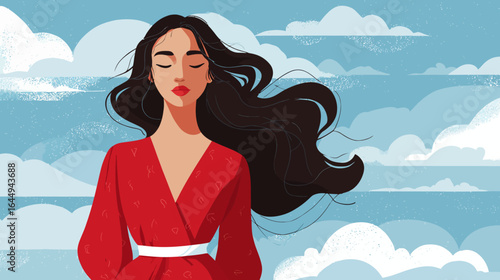 Stylized Serene Brunette Woman with Flowing Hair Against Cloudy Sky Illustration
