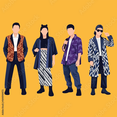 Four people stand in fashionable outfits with unique patterns against a yellow background.
