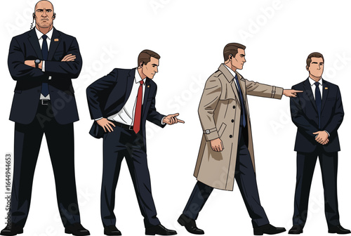 Four cartoon bodyguards stand in a row, each in different poses and attire.