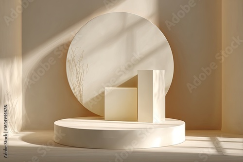 Beige minimalist scene with round and square podiums, sunlit