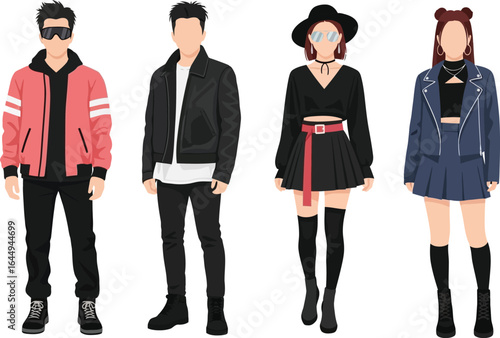 Four stylized figures showcasing diverse fashion styles, including jackets, skirts, and accessories.