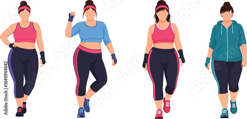 Four plus-size women in various athletic wear, showcasing different exercise outfits.