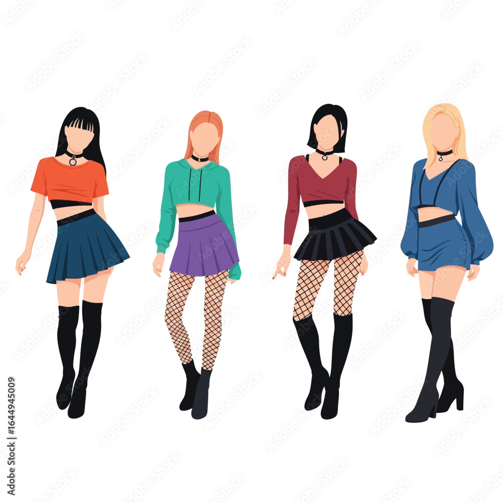 Obraz premium Flat design illustration of five fashionably dressed women, showcasing various outfits and styles.