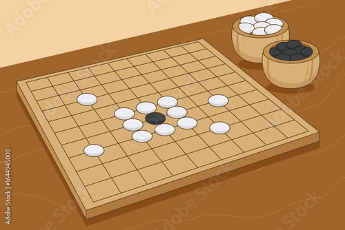 A traditional wooden Go board set up with black and white stones, ready for strategic gameplay.