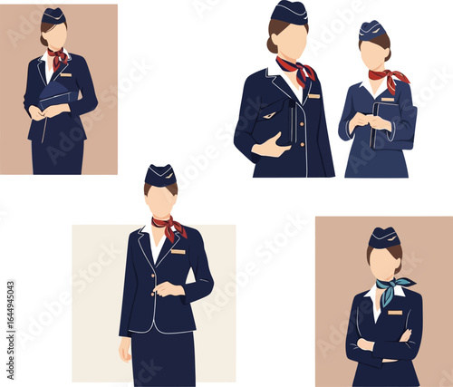 Five stylized illustrations of female flight attendants in uniform, showcasing various poses and accessories.