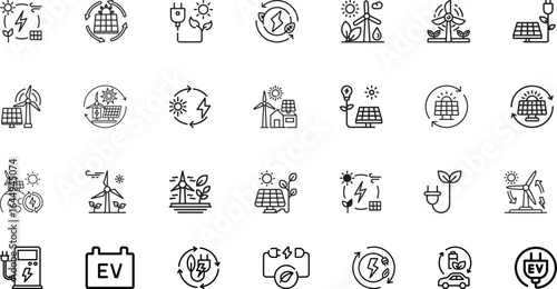 Renewable energy and low emission sustainable power system icon collection set including solar, wind, hydrogen and EV charging. Clean energy generation and grid infrastructure vector illustration. 