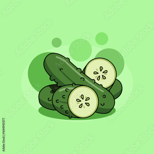 Fresh green cucumbers with two slices open to reveal their crisp seeded centers on bright green background. Vegetables event banner. National Pickle Day to celebrate on November 14th