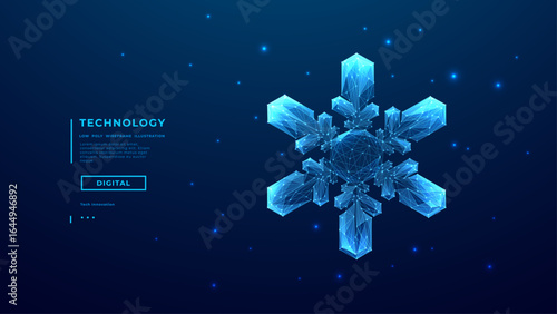 Digital blue snowflake on a technology background. Merry Christmas and Happy New Year, design element for winter holidays presentations, web banners, and covers. Abstract vector illustration.