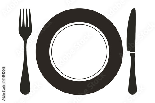Vector illustration of black and white dining plates with forks and knives on white background