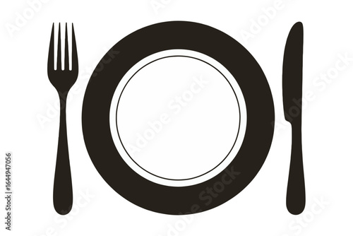 Vector illustration of black and white dining plates with forks and knives on white background