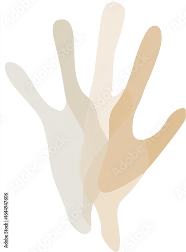 Three overlapping, translucent hands in light beige and off-white hues