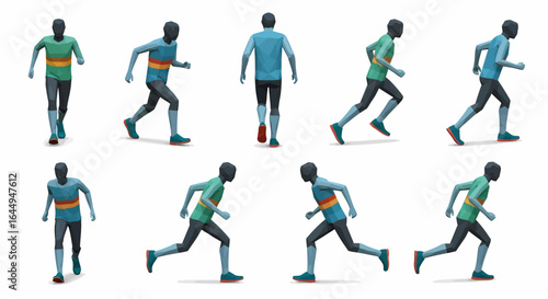 Multiple 3D rendered figures showcasing various dynamic running and walking poses.