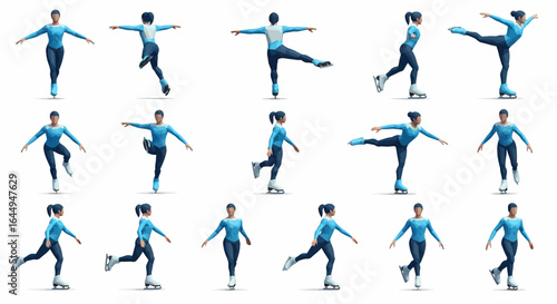 Collection of illustrations showing a female ice skater in various dynamic figure skating poses.