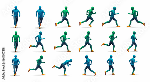 A set of stylized figures in blue and green illustrating the different phases of a running cycle.