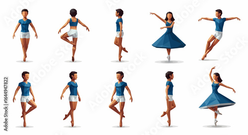 A set of illustrations showing male and female ballet dancers in various classic and dynamic poses.