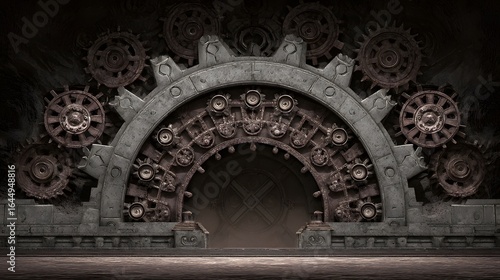 Ornate stone archway adorned with intricate, rusted gears.
