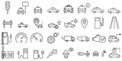Auto service, taxi, fuel and road traffic icon set of 32 with car repair, navigation and alarm symbols for apps, websites, blogs, education, safety awareness, infographics, presentations