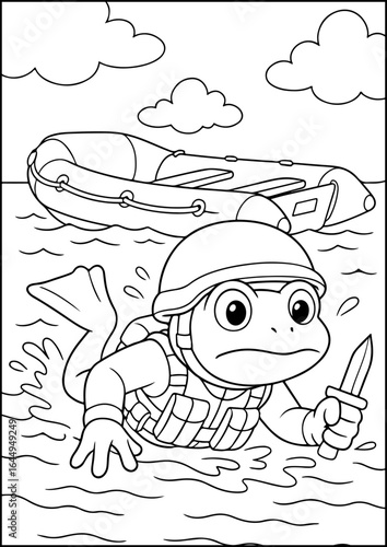 Coloring Book Animal, Anthropomorphic Animals A frog soldier swims from a rubber boat in a covert mission.