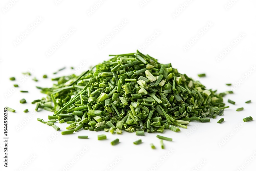 A neatly arranged pile of dried chives, finely chopped and vibrant green, isolated on a clean white background, top-down view A neatly arranged pile of dried chives, finely chopped and vibrant green, isolated on a clean white background, top-down view
