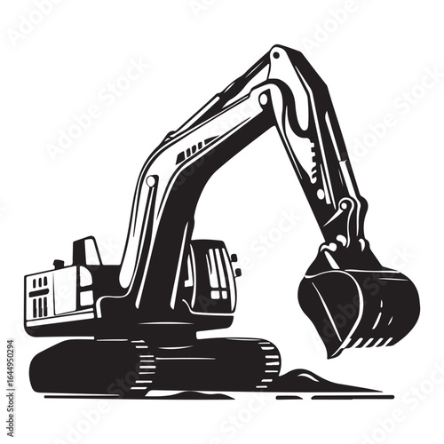Silhouette of a large excavator machine in a construction or digging operation.