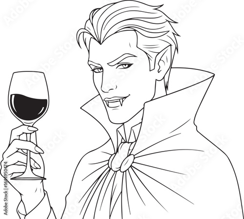 Vampire with wine glass, Halloween, illustration, cartoon, black and white, monster, scary