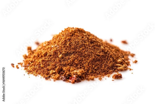 A small mound of authentic taco seasoning blend, featuring visible flecks of chili, paprika, and cumin, set against a bright white backdrop