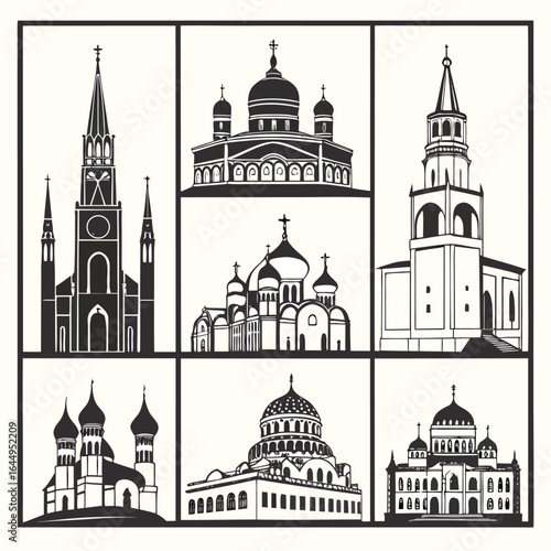 Set of six black and white silhouette illustrations of various churches and cathedrals architecture