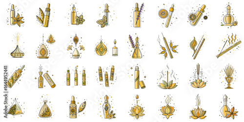 Aromatherapy icon set of  herbal oil, diffuser, candle, massage and spa wellness symbols for blogs, websites, clipart for cards, stationery design, education and awareness, presentations