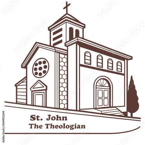 Stylized brown line art illustration of St John Theologian church building with text religious architecture